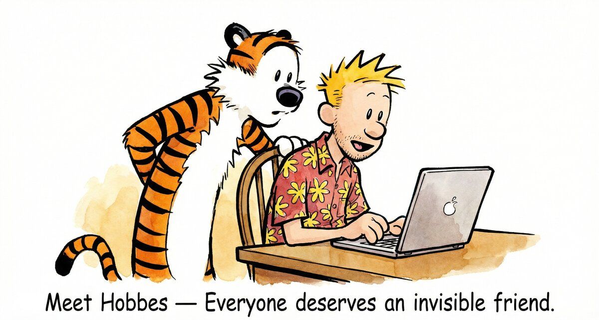 Meet Hobbes — watercolor illustration of a grown-up Calvin working at his laptop while Hobbes the tiger looks over his shoulder
